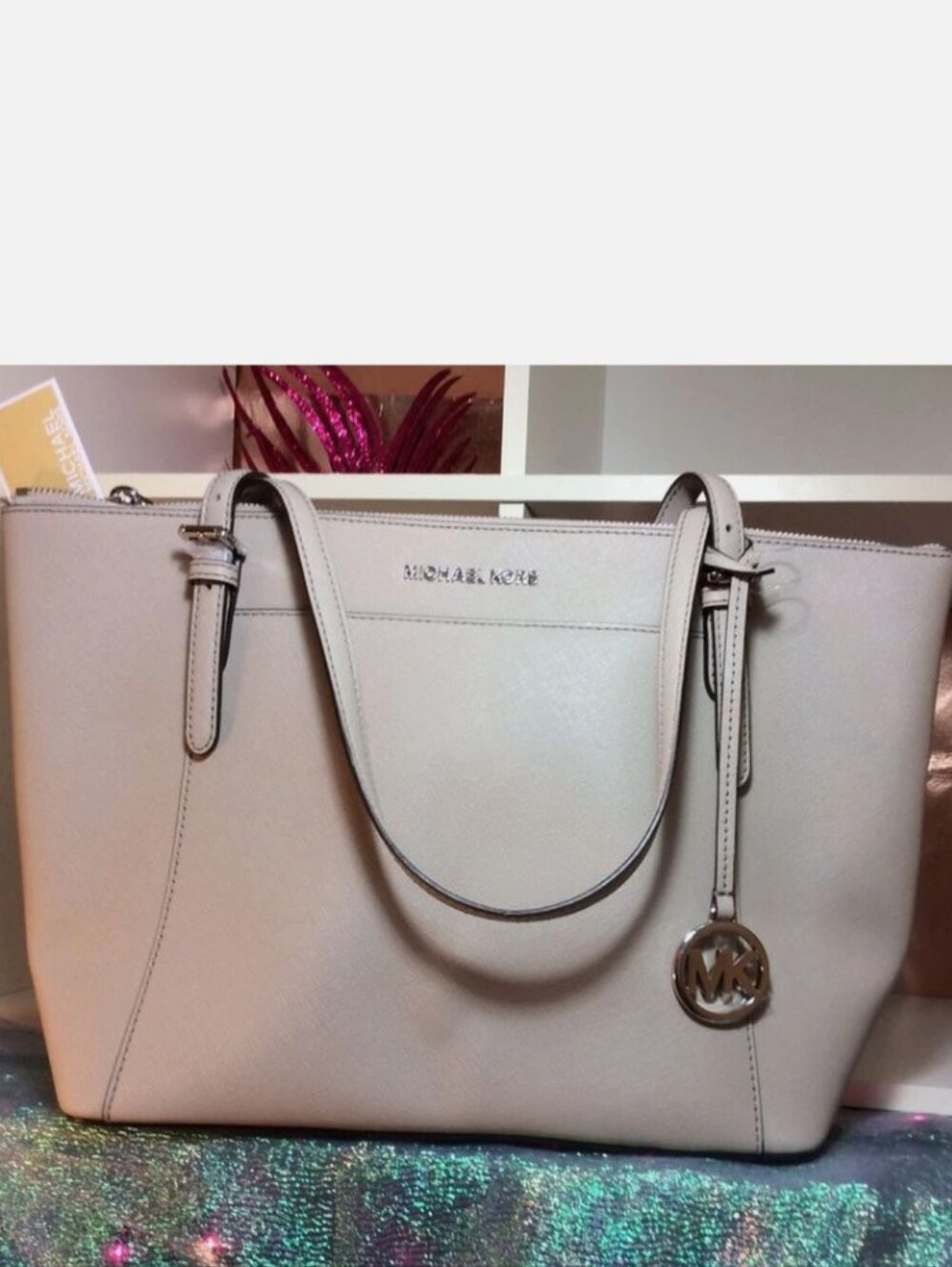 NWT Michael Kors CIARA Leather Cement Tote Bag MK Metal Logo Original Price 398$